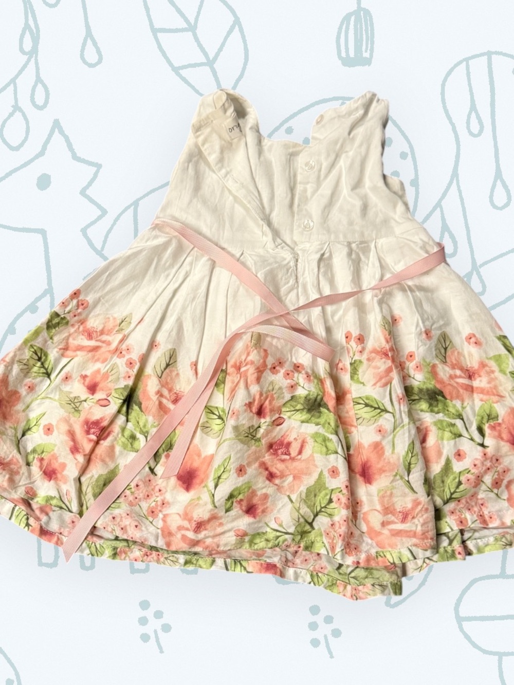 Origam White & Pink Floral Girls' Dress with Ribbon Waist